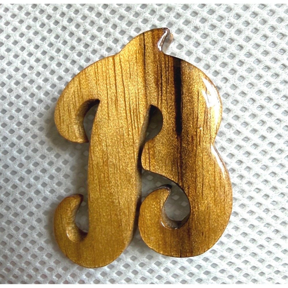 Vintage 70s Wood Cursive Letter B Pin Retro Monogram Dark Academia Lapel Brooch